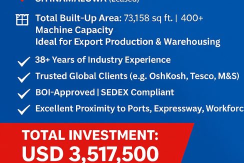 FOR SALE - FULLY EQUIPPED APPAREL MANUFACTURING FACILITY